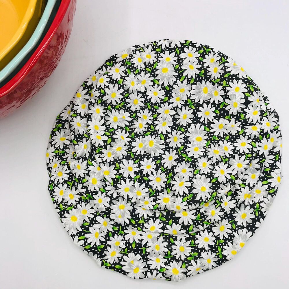 Cotton Bowl Cover For Sourdough, 3 Size Set, Reusable, Washable Black Daisy Dots